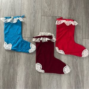 3 Vintage Christmas Stockings Handmade Lace Trim Cottage Country Victorian
